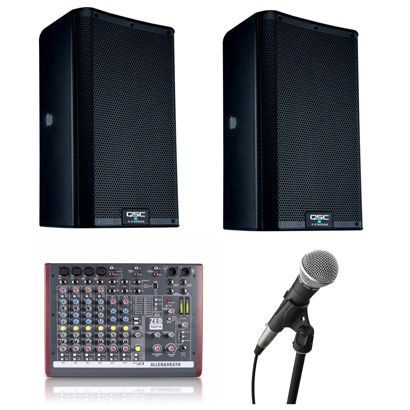 Two black speakers, a mixing console, and a microphone on a white background